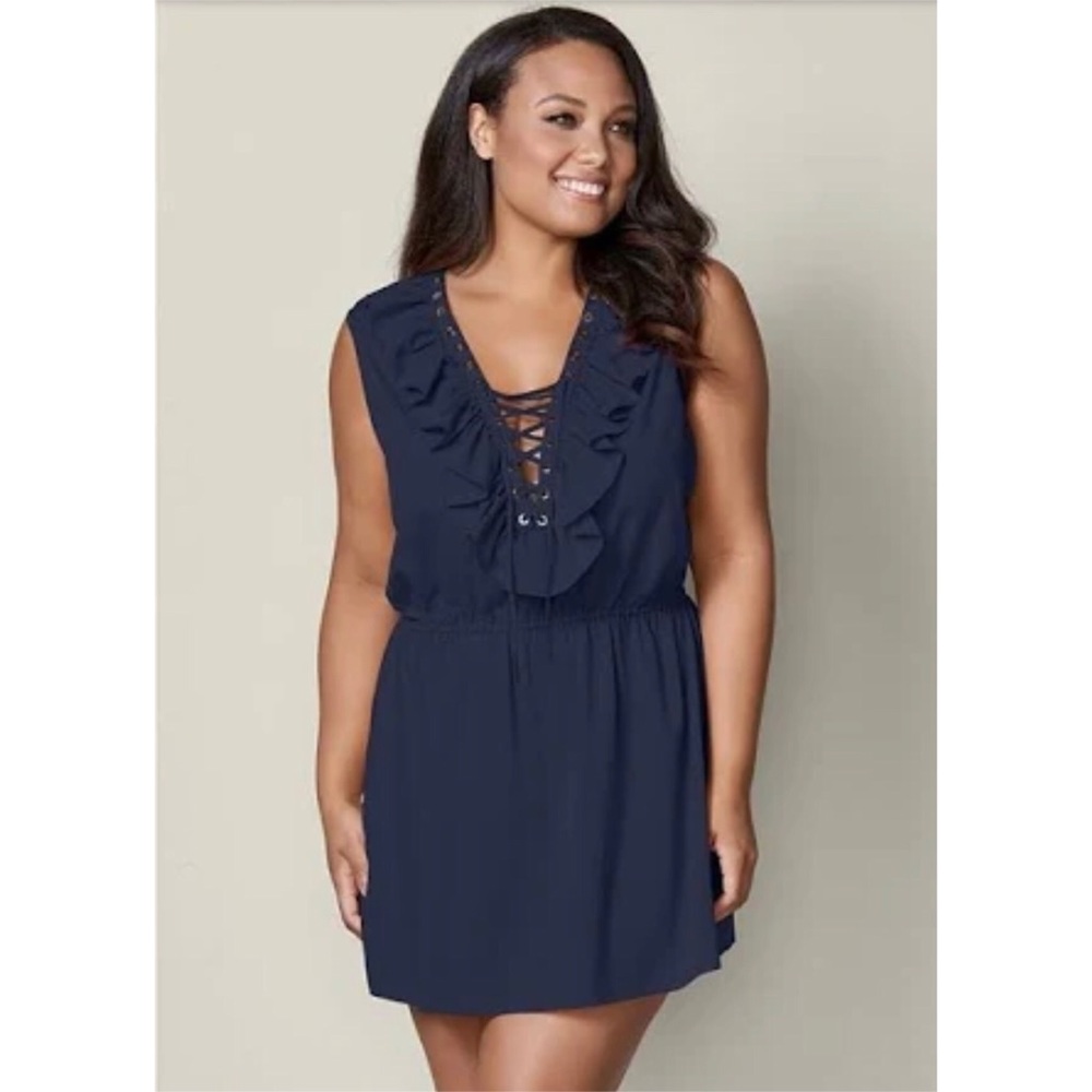 VENUS NAVY RUFFLE LACE UP MINI DRESS - Picture 2 of 8
